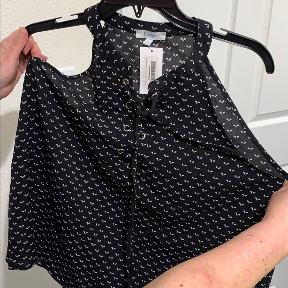 Black printed lace up tank